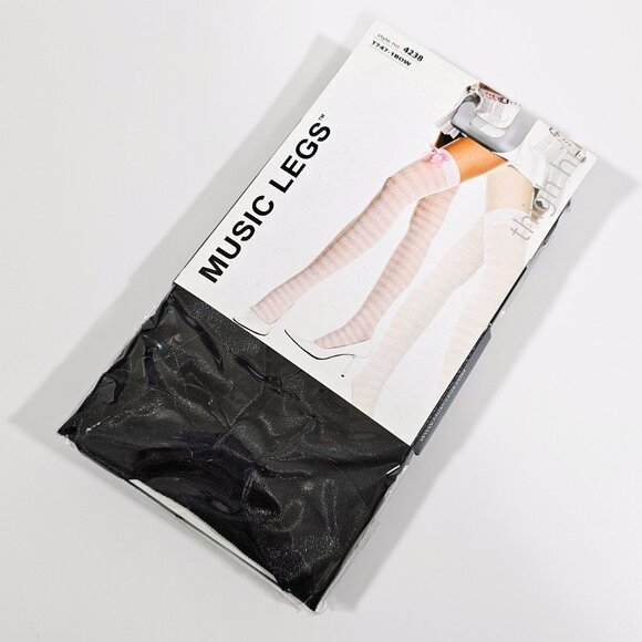 Music Legs Black Horizontal Stripes Thigh Highs Stockings with Bows, One Size - Picture 1 of 5